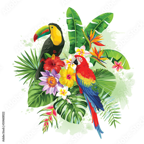 Summer arrangement with tropical birds, palm leaves and exotic flowers. Vector illustration.