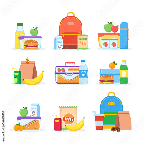 Lunch box different types of lunches. Vector school lunch box with healthy food, fruits or vegetables packed in a children s container in a bag. Set of packaged food illustrations isolated on white.