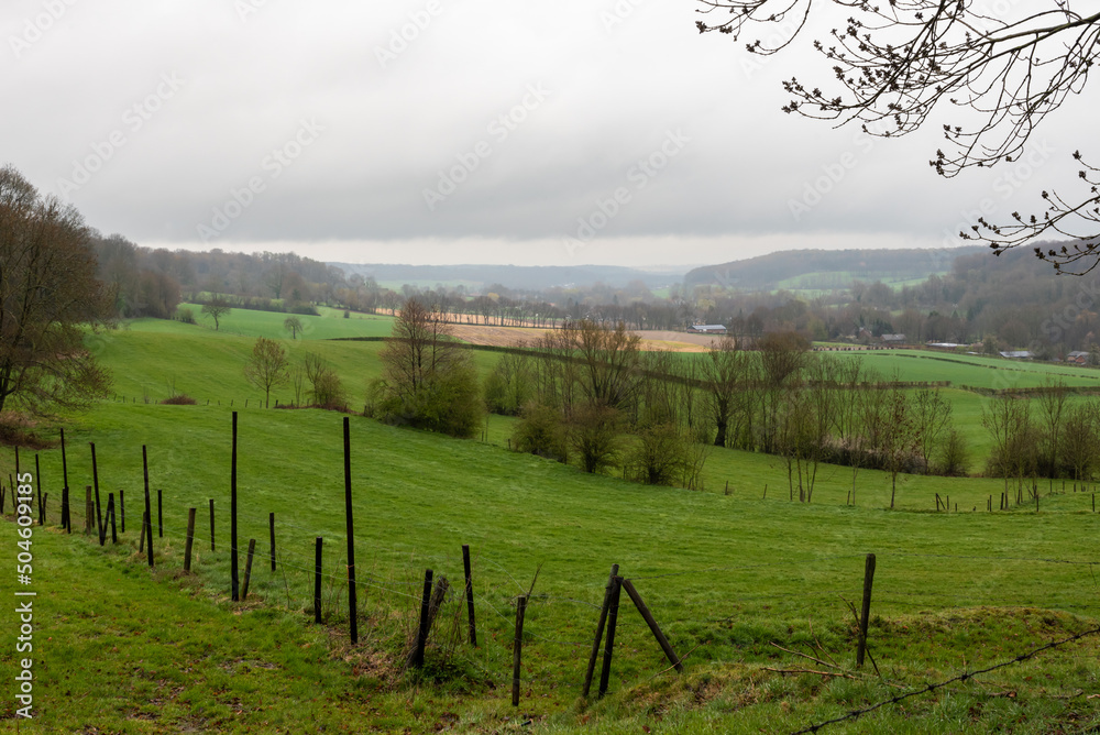 Foggy view over the green hills at the Dutch countryside around Banholt
