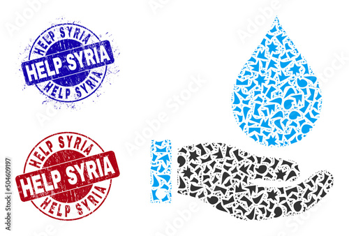 Round HELP SYRIA rubber seals with text inside round forms, and debris mosaic water service icon. Blue and red stamp seals includes HELP SYRIA text. Water service mosaic icon of shards elements.