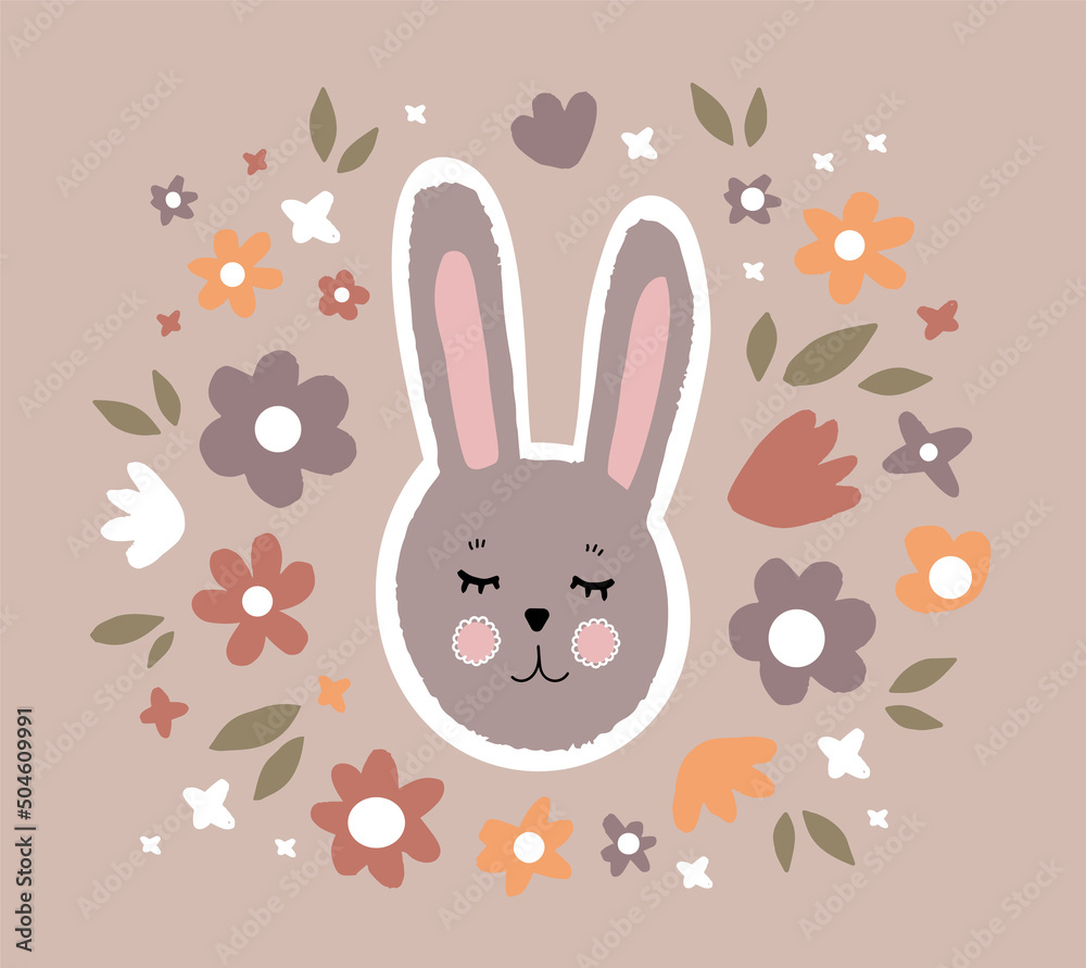 Cute rabbit with flowers and leaves. Scandinavian print illustration for children's clothing, postcards, tableware. Vector color graphics.