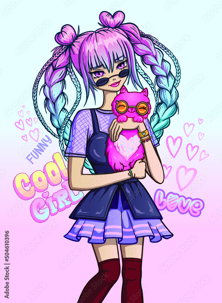 Anime girl hold on funny fluffy cat on tender gradient background with hand  written words Love,