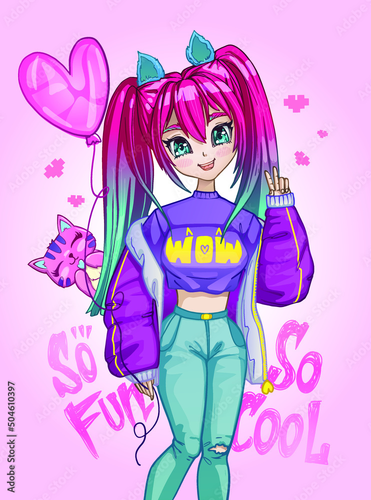 Anime girl with gradient pink hair style. Teenager hold on pink balloon heart. Hand written text So fun, so cool. Manga teenager with pet kitten. Asian school girl with cat ears