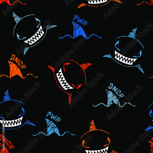 Shark repeat pattern. Grunge repeated print with wawe and fin. Sea predator seamless ornament on black background.