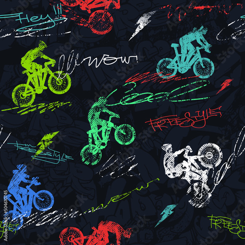 Bicycle rider repeat print. Grunge pattern with textured cyclist silhouette, words freestyle, wow drawing in street art style on endless graffiti black background. Sport ednless ornament