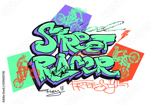 Street rider poster. Graffiti words composition drawing in street art style. Colorful cyclists silhouette and text. sportsmen illustration for t shirt design. Hip hop art style
