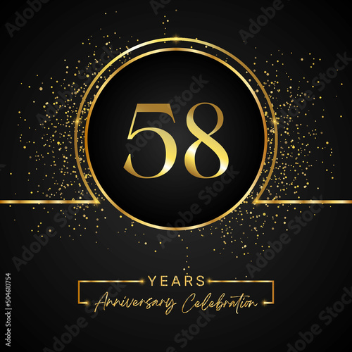 58 years anniversary celebration with gold circle frame and gold glitter on black background. 58 years Anniversary logo. Vector design for greeting card, birthday party, wedding, event party.