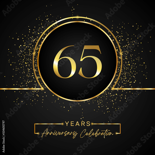65 years anniversary celebration with gold circle frame and gold glitter on black background. 65 years Anniversary logo. Vector design for greeting card, birthday party, wedding, event party.