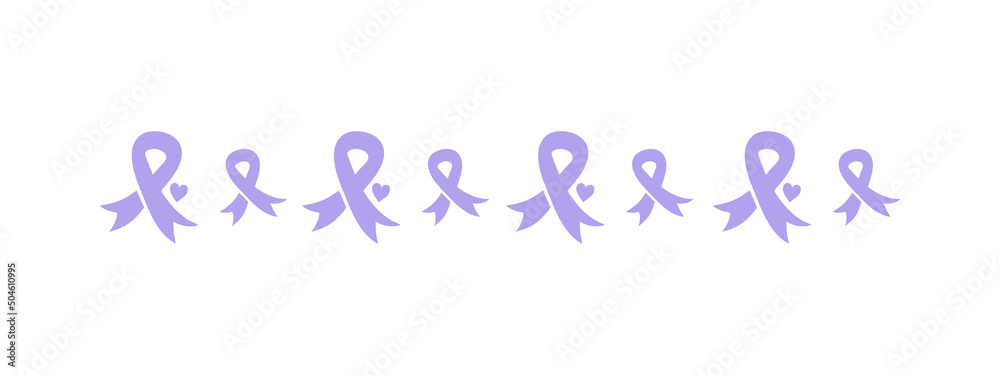 Purple ribbons border line. Dementia awareness, cancer, epilepsy and Alzheimer's disease, against homophobia and domestic violence. Vector elements isolated on white background. Awareness ribbons. - obrazy, fototapety, plakaty 