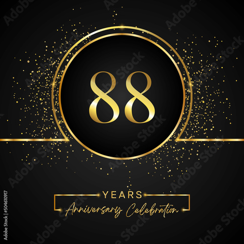 88 years anniversary celebration with gold circle frame and gold glitter on black background. 88 years Anniversary logo. Vector design for greeting card, birthday party, wedding, event party.