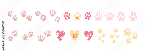 Set of cute vector paw prints. Animal prints, collection of decorative illustrations - pets, animal protection theme, nature reserves, homeless animal shelters, pet stores and veterinary clinics.