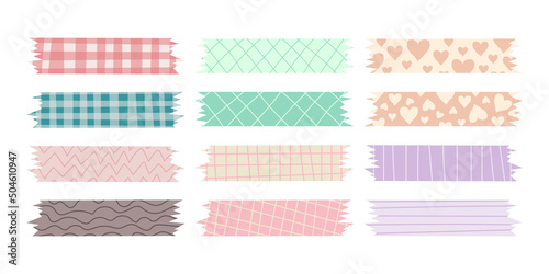 Set of decorative patterned pieces of adhesive tape in pastel colors. Scrapbooking element for creating stylish digital collages. Colorful patterned washi tape strips, cute decorative scotch tapes.