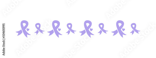 Purple ribbons border line. Dementia awareness, cancer, epilepsy and Alzheimer's disease, against homophobia and domestic violence. Vector elements isolated on white background. Awareness ribbons.