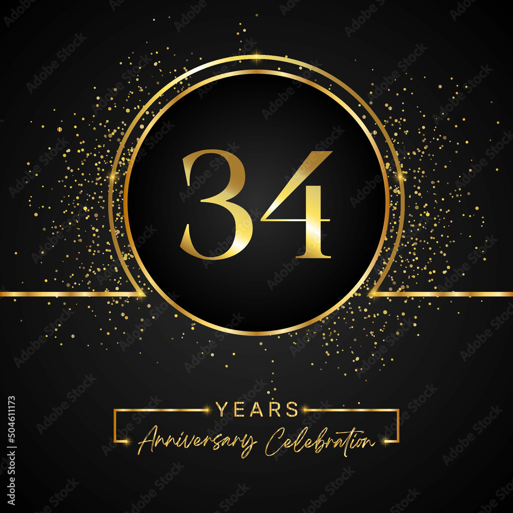 34 years anniversary celebration with gold circle frame and gold glitter on black background. 34 years Anniversary logo. Vector design for greeting card, birthday party, wedding, event party.