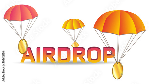 Big orange text Airdrop and parachutes with blank golden coins. Copy space for token logo isolated on white background. Distribution of free coins concept.