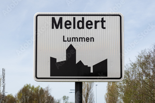 Meldert, Limburg, Belgium - Street sign of the village and muncipality on a white board photo