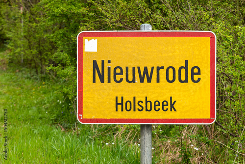 Nieuwrode, Flemish Brabant Region, Belgium - Yellow and red sign of the village and municipality photo