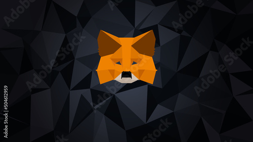 MetaMask logo sign on polygonal dark background. Crypto wallet for Defi, Web3 Dapps and NFTs.