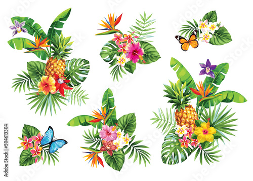 Tropical summer arrangements with palm leaves, fruits, pineapples and exotic flowers. Vector illustration isolated on a white background.