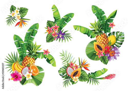 Tropical summer arrangements with palm leaves, fruits, pineapples and exotic flowers. Vector illustration isolated on a white background.