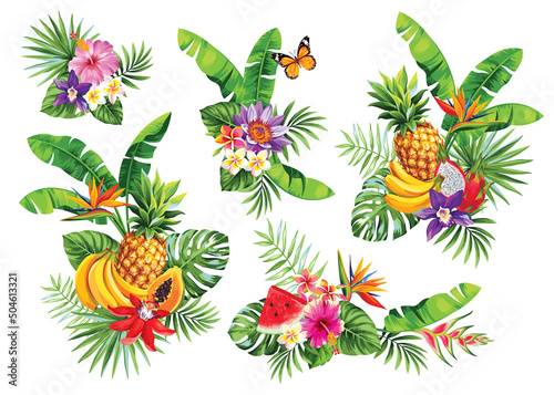 Tropical summer arrangements with palm leaves, fruits, pineapples and exotic flowers. Vector illustration isolated on a white background.