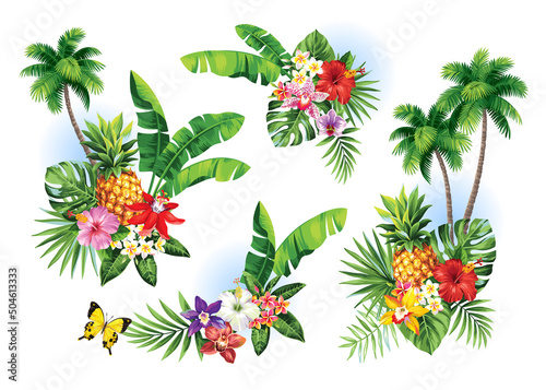 Tropical summer arrangements with palm leaves, pineapples and exotic flowers. Vector illustration isolated on a white background.