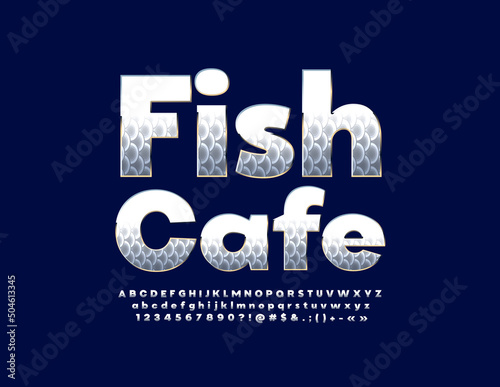 Vector modern sign Fish Cafe. Unique Bright Font. Artistic Alphabet Letters and Numbers set