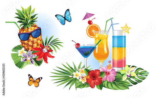 Tropical summer arrangements with palm leaves, cocktails, pineapple and exotic flowers. Vector illustration isolated on a white background.
