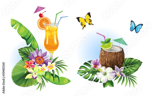 Tropical summer arrangements with palm leaves, cocktails and exotic flowers. Vector illustration isolated on a white background.