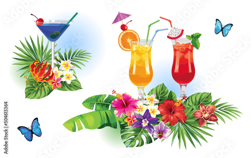 Tropical summer arrangements with palm leaves, cocktails and exotic flowers. Vector illustration isolated on a white background.