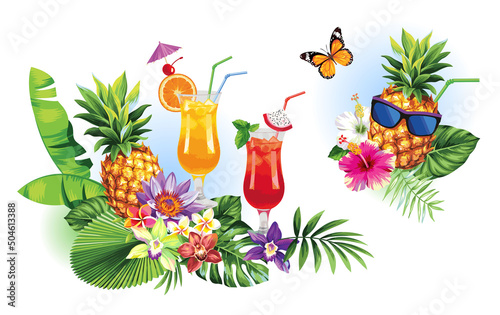 Tropical summer arrangements with palm leaves, cocktails,  fruits, pineapple and exotic flowers. Vector illustration isolated on a white background.