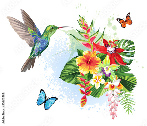 Tropical summer arrangements with humming-bird  palm leaves and exotic flowers. Vector illustration.