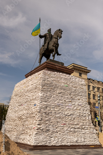 Photography to theme famous monument Bohdan Khmelnytsky during Ukraine war photo