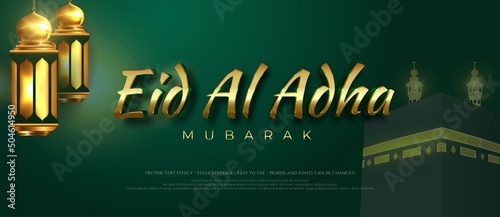 Beautiful banner Eid al adha with lanterns and the kaaba icon on green background