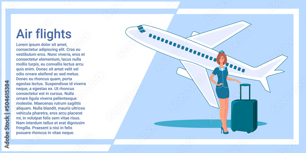 Air flights.A flight attendant with a suitcase in her hands offers to go on a flight and travel against the background of a flying plane .The concept of air travel.Vector illustration.