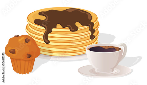 A stack of pancakes, a cupcake and a cup of hot black coffee.Isolated vector illustration isolated on a white background.