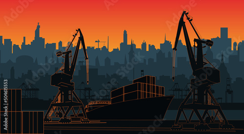 Silhouette commercial port with container ship at the pier and cargo cranes, city skyline on background with sunset. Cityscape and cargo port with cranes. Layers for parallax.