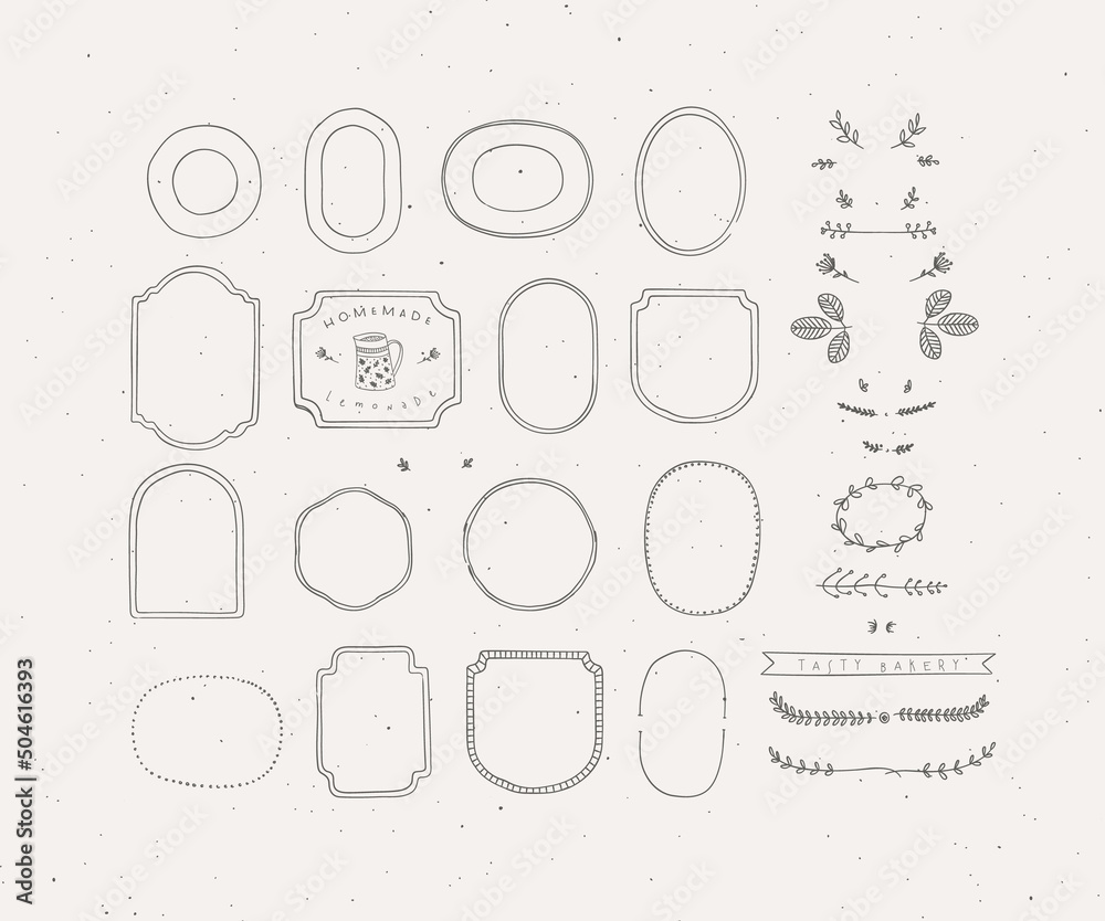 Set of frames and decor elements in handmade graphic primitive casual style on grey background.