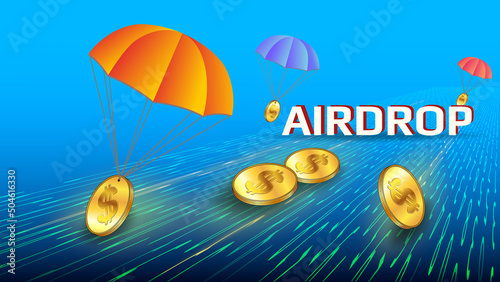 Futuristic token airdrop concept with receding perspective on the digital road and golden coin Dollars USD with parachutes on blue background.