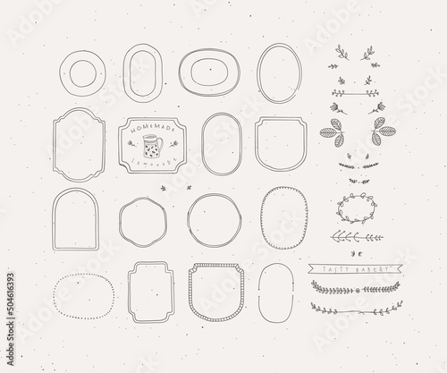 Obraz na płótnie Set of frames and decor elements in handmade graphic primitive casual style on grey background. w salonie