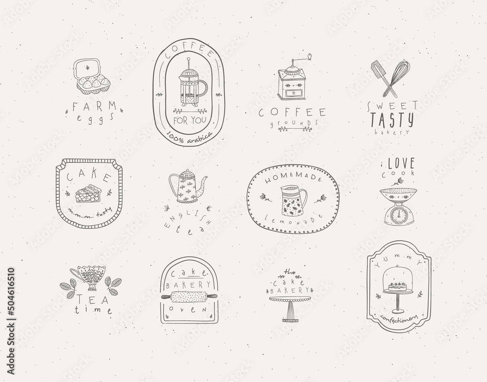 Set of kitchen labels with lettering drawing in handmade graphic primitive casual style on grey background.