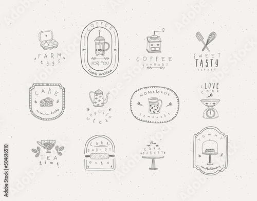 Obraz na płótnie Set of kitchen labels with lettering drawing in handmade graphic primitive casual style on grey background. w salonie