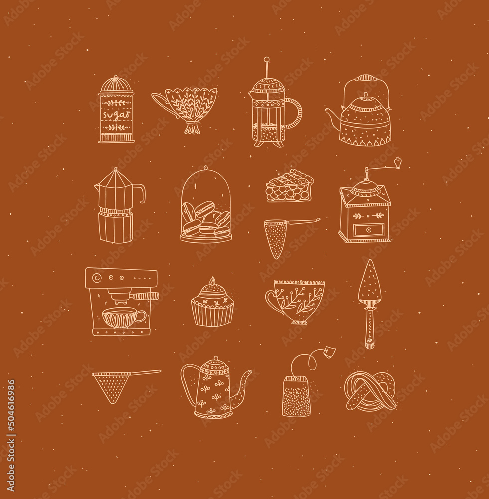Set of kitchen equipment icon drawing in handmade graphic primitive casual style on mustard background.