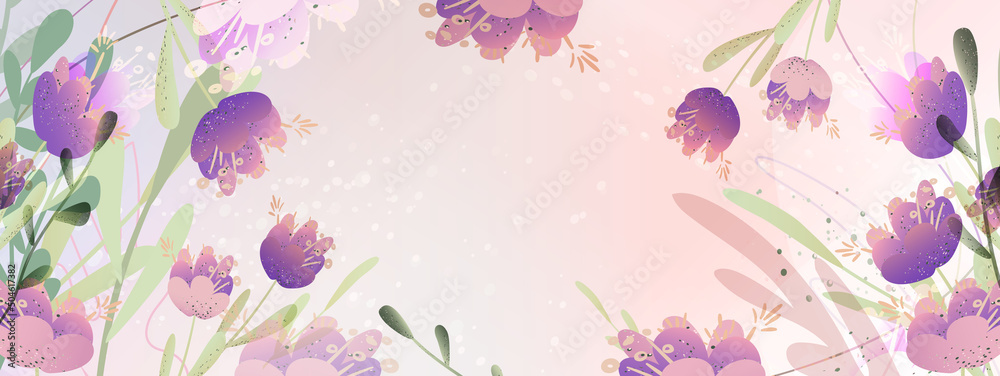Frame with purple flowers and green branches on a delicate pink-blue background with space for text in the center. Modern invitation card in a naive style