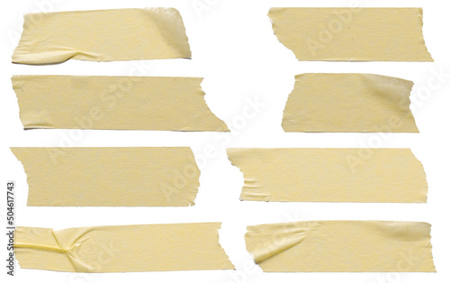 Set of yellow tapes. Torn horizontal and different size yellow sticky tape, sticky pieces isolated on white background.