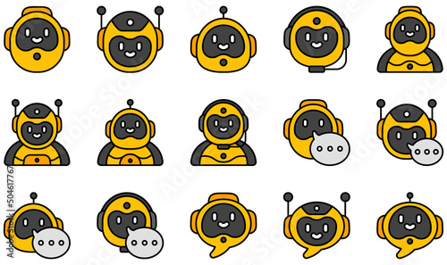 Set of Vector Icons Related to Chatbot. Contains such Icons as Bot, Robot, Chatbot, Chat, Message, Conversation and more.