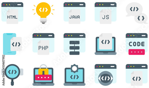 Set of Vector Icons Related to Coding. Contains such Icons as Html, Idea, Java, Javascript, Php, Programming and more.