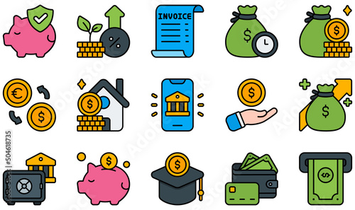 Set of Vector Icons Related to Banking. Contains such Icons as Insurance, Interest, Invoice, Loan, Money, Savings and more.