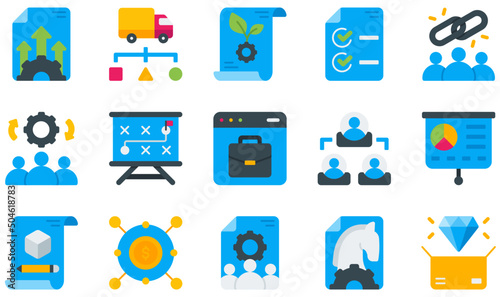 Set of Vector Icons Related to Business Model. Contains such Icons as Development, Distribution, Key Activities, Key Resources, Online Business, Prototype and more.