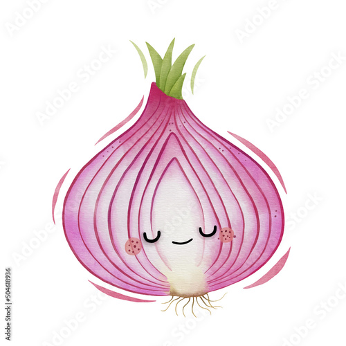 Watercolor cute red onion cartoon character. Vector illustration.